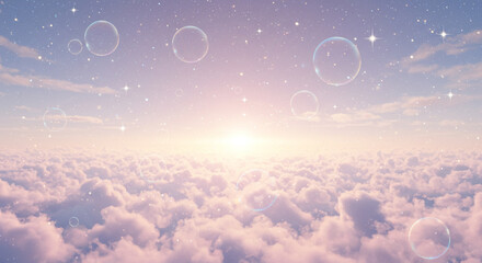 Dreamy Sky Scene with Bubbles, Clouds, Stars, and a Glowing Sun at Dawn or Dusk