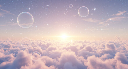 Dreamy view of clouds, bubbles, and stars in a pastel sky with a bright sun