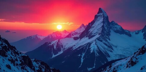 Obraz premium Crimson sun rises behind jagged silhouette, fiery glow on snow capped peaks, mountains, daybreak