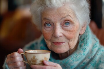 elderly woman with blue eyes wrapped in a teal knitted shawl holding a vintage teacup and looking thoughtfully into the camera