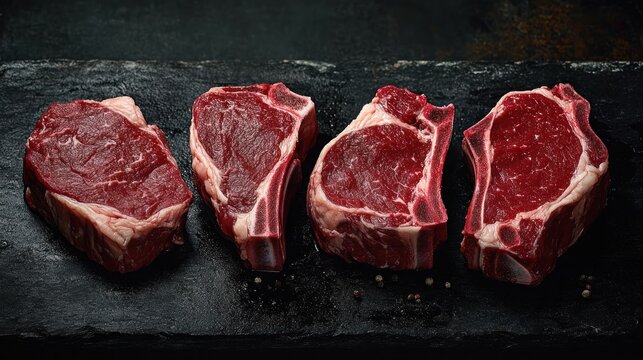 Four raw beef steaks with marbled fat arranged on a dark textured surface with scattered mixed peppercorns, showcasing fresh red meat ready for cooking