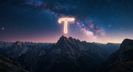 Stunning landscape with the Milky Way, mountains, and a glowing neon letter T