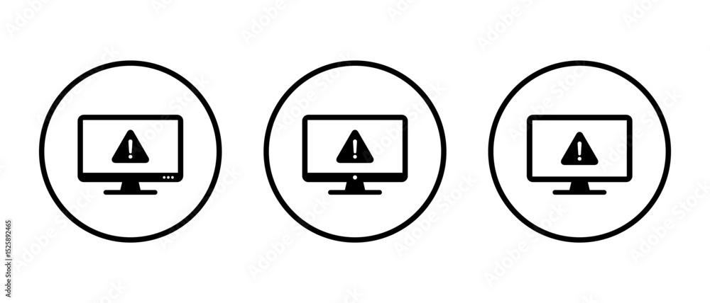 Poster warning on computer monitor icon set on circle line. security threat information on screen sign symb