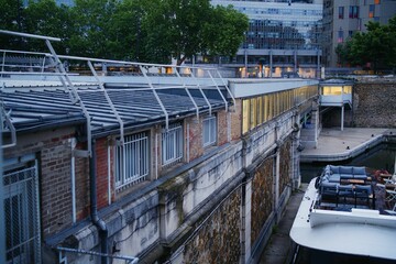 Paris,France - May 22, 2025: Paris Metro Bastille station of Line 1 over Saint-Martin Canal