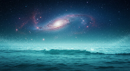 A breathtaking view: the cosmic galaxy merges with the ocean waves under a starry sky