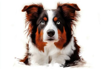 Portrait of a fluffy tricolor dog with soulful blue eyes looking upwards on a white background