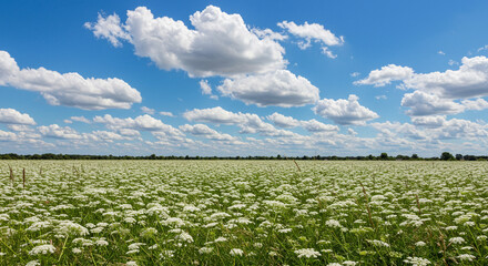 A beautiful landscape with a field of white flowers under a blue sky with clouds