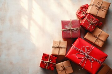 Assortment of red and brown gift boxes tied with string placed on a light textured surface with soft sunlight creating a warm and festive mood
