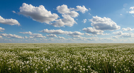 A stunning landscape featuring a field of wildflowers under a vibrant blue cloudy sky