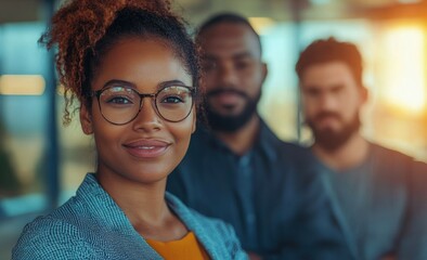 Confident young woman wearing glasses and professional attire stands smiling in front of two blurred male colleagues in a modern office environment with warm sunlight