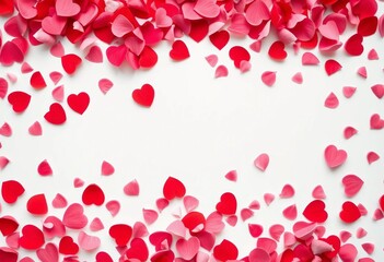 Obraz premium Delicate pink and red heart confetti, Valentine's Day petals scattered on white background, shape, background