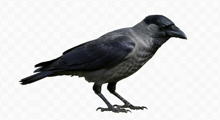 Realistic and Detailed Image of a Grey Crow Standing on Transparent Background