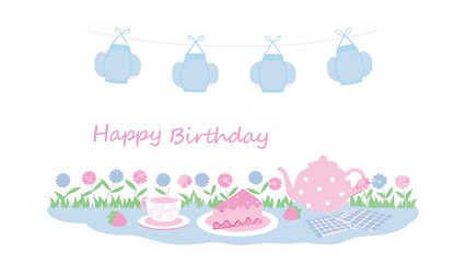 Pastel birthday scene with teapot cake and teacup under a garland of baby clothes and happy birthday text