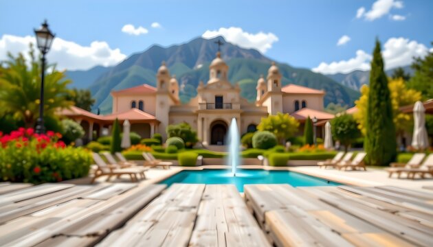 an expansive outdoor gathering area with a large rectangular pool at its center, surrounded by well maintained greenery and landscaping