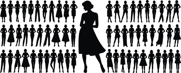 Women silhouette collection, fashion female figures, stylish dress poses, elegant lady outline, standing woman shape, vector fashion design clipart bundle