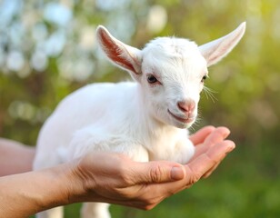 Obraz premium Baby goat in hands, spring