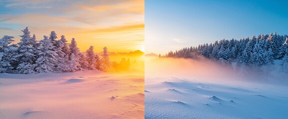 Snowy winter landscape at sunrise, split view showing warm and cool tones
