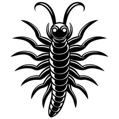 Illustration of a stylized centipede with many legs and long antennae in black on transparent background