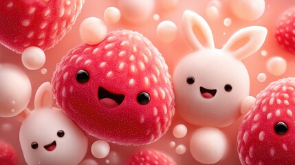Cute strawberries and bunnies in a sweet, bubbly background.