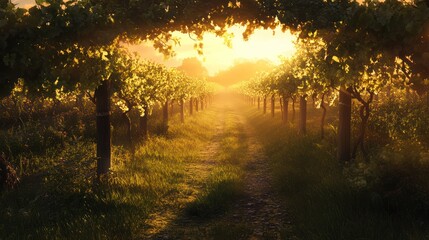 Golden Hour in the Vineyard: A Path Through Sunlight and Vines