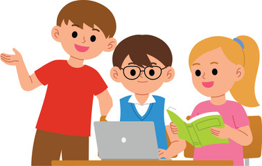 children studying together, young student doing group work with laptop and book illustration