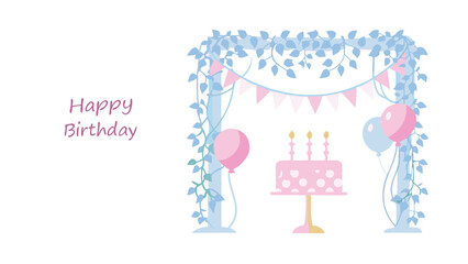 Illustration of a birthday cake with candles, balloons, and a garland under a floral archway design