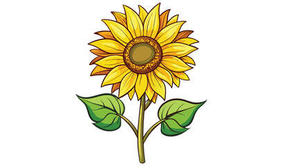 Naklejka premium Vibrant yellow sunflower with green leaves illustration