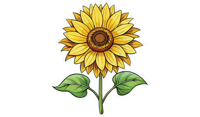 Naklejka premium Vibrant single sunflower with green leaves illustration