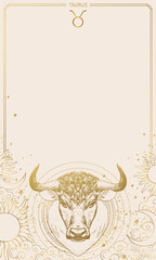 Taurus horoscope card with place for text, template for astrology, calendar, future prediction. Golden hand drawing on beige background. Mystical Vector illustration.