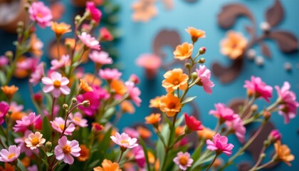 a close up photograph of vibrant yellow flowers with orange centers and pinkish petals set against a contrasting background