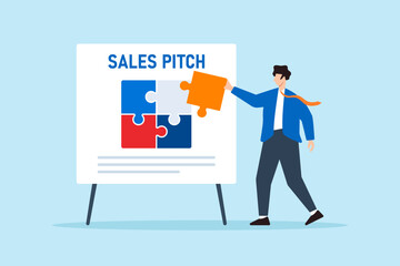 Flat illustration of confident businessman fitting final puzzle piece on whiteboard jigsaw to complete sales pitch strategy
