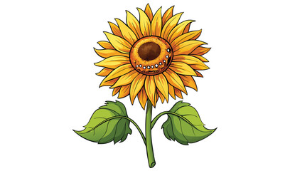 Fototapeta premium Vibrant single sunflower with green leaves illustration