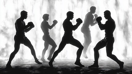 Silhouettes of a boxer in various fighting stances with gloves in front of a bright smoky background conveying motion and training intensity