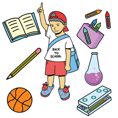 cartoon clip art with back to school theme in flat style, with various school supplies