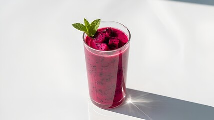 Dragon fruit smoothie in a clear glass with a water lily flower on the rim of the glass on a white background.