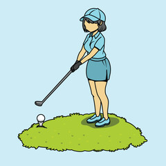 cartoon girl playing golf, flat style cartoon, illustration with sports concept
