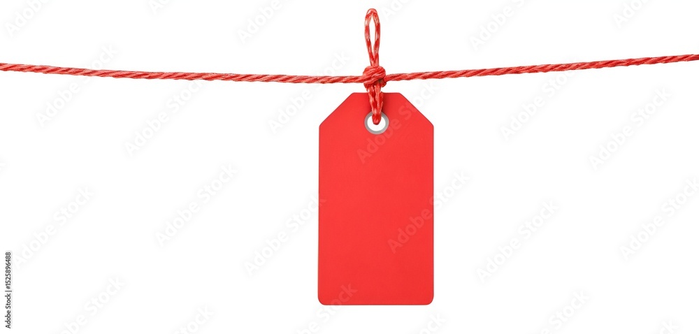 Poster a simple red tag hangs from a knotted red string, isolated against a clean, white background.