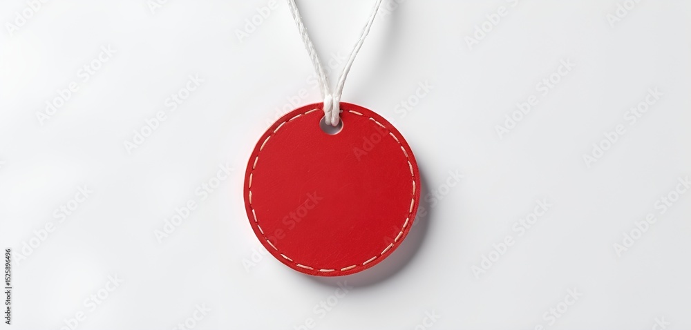 Poster isolated bright red round tag suspended by a white string on a clean white background surface.