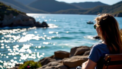 Fototapeta premium a serene seaside setting with a view of a lake. a person is seated in a chair overlooking the water, taking in the tranquil atmosphere