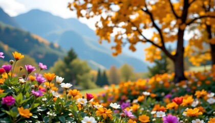 Fototapeta premium this is an outdoor photograph featuring a vibrant garden with various colorful flowers in full bloom