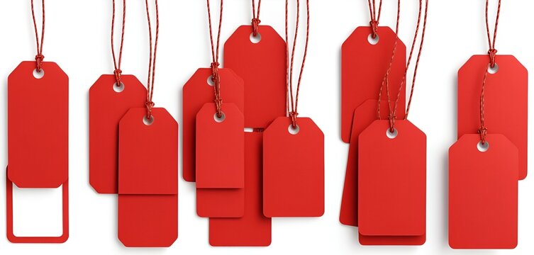 A vibrant arrangement of multiple bright red tags suspended against a clean, stark white background.