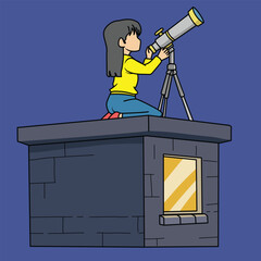 cartoon of a girl observing the sky with a telescope on the roof of a building, flat style cartoon.