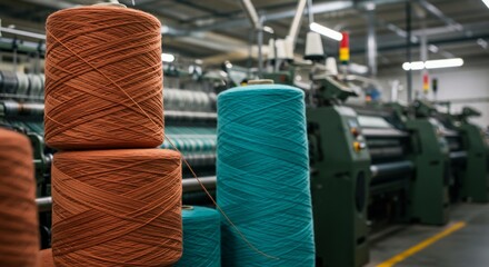Textile factory with yarn production. Industrial process of weaving thread