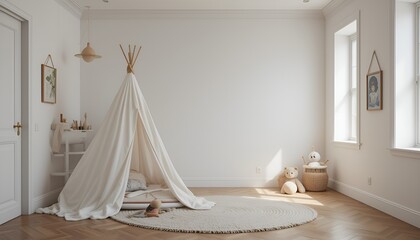 Bright children's playroom with a white teepee, soft toys, and a round neutral-toned area rug
