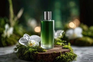 Emerald green perfume bottle displayed on a wooden disc with moss and orchids.