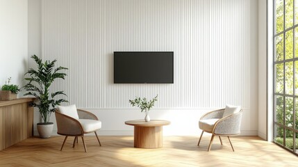 Bright modern minimalist living room with two armchairs, a round wooden coffee table with a vase, potted plants, wooden flooring, textured white wall, and large window letting in natural light