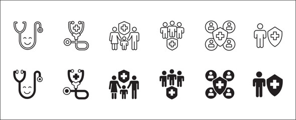 Healthcare icon set. Health insurance symbol. Doctor consultation apps icon. Icons set contains online doctor, hospital, medical consultant, medic, clinic, emergency call. Vector illustration