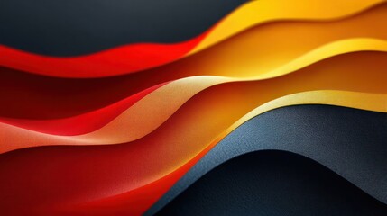 Smooth flowing fabric waves in red, orange, yellow, and black colors creating a vibrant abstract pattern with light and shadow effects
