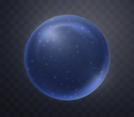 Blue magic fantasy sphere. Crystal ball with glowing sparkles and particles. Energy orb with glow flare light effect. Isolated on transparent background. Vector illustration.