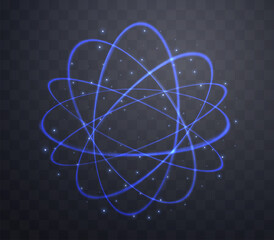 Blue magic fantasy sphere. Crystal ball with glowing sparkles and particles. Energy orb with glow flare light effect. Isolated on transparent background. Vector illustration.